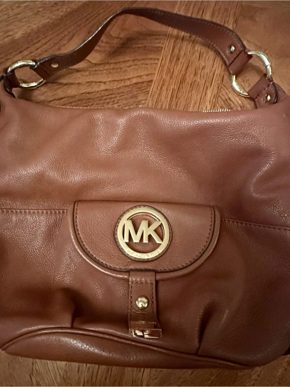 Michael Kors Cognac Leather Shoulder Bag with Gold MK Emblem